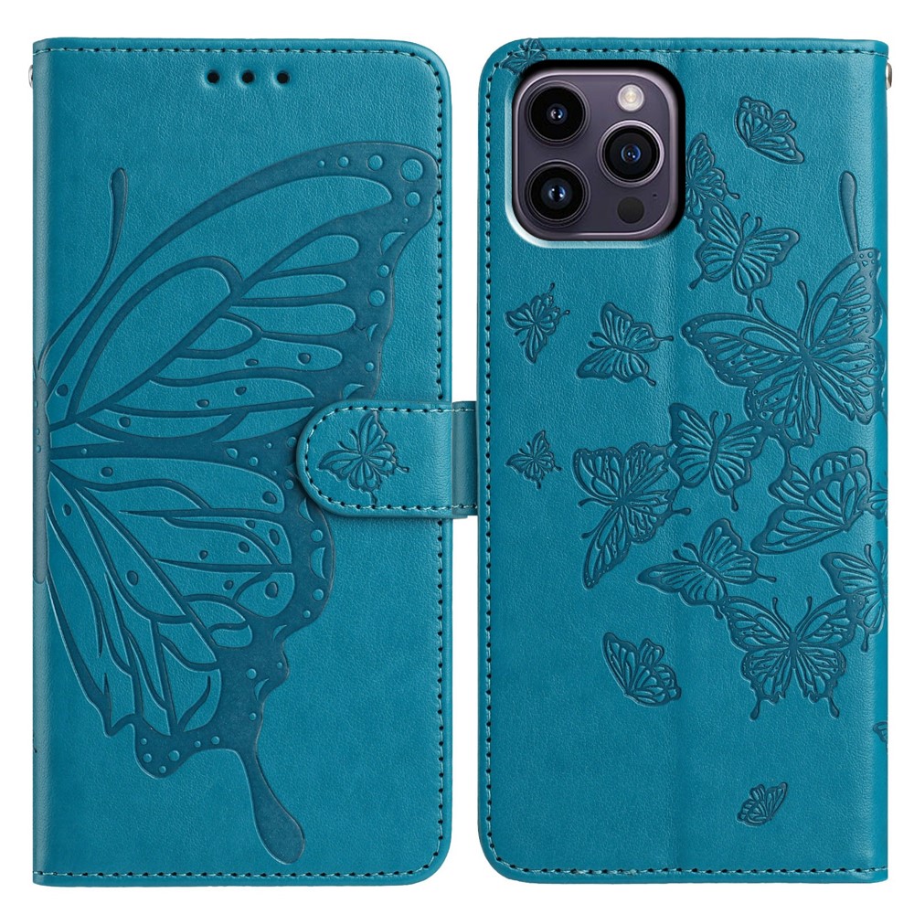 For iPhone 14 Pro Max Case Butterfly Imprinted Wallet Stand PU Leather Flip Phone Cover with Strap - Blue