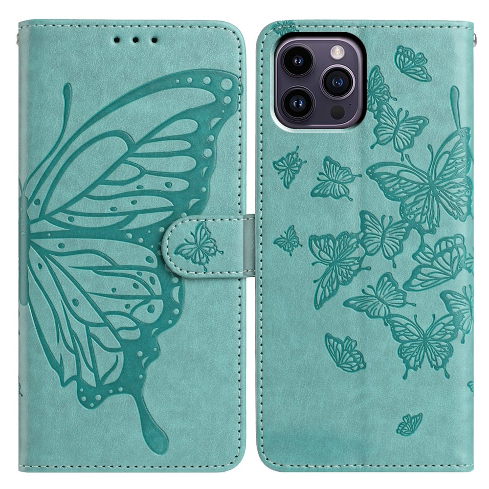 For iPhone 14 Pro Max Case Butterfly Imprinted Wallet Stand PU Leather Flip Phone Cover with Strap - Green