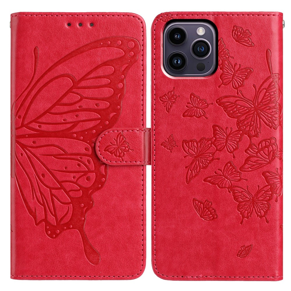 For iPhone 14 Pro Max Case Butterfly Imprinted Wallet Stand PU Leather Flip Phone Cover with Strap - Red