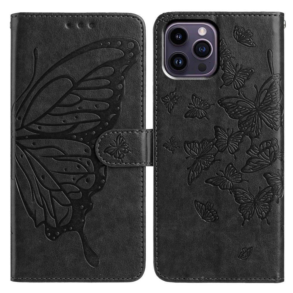 For iPhone 14 Pro Max Case Butterfly Imprinted Wallet Stand PU Leather Flip Phone Cover with Strap - Black