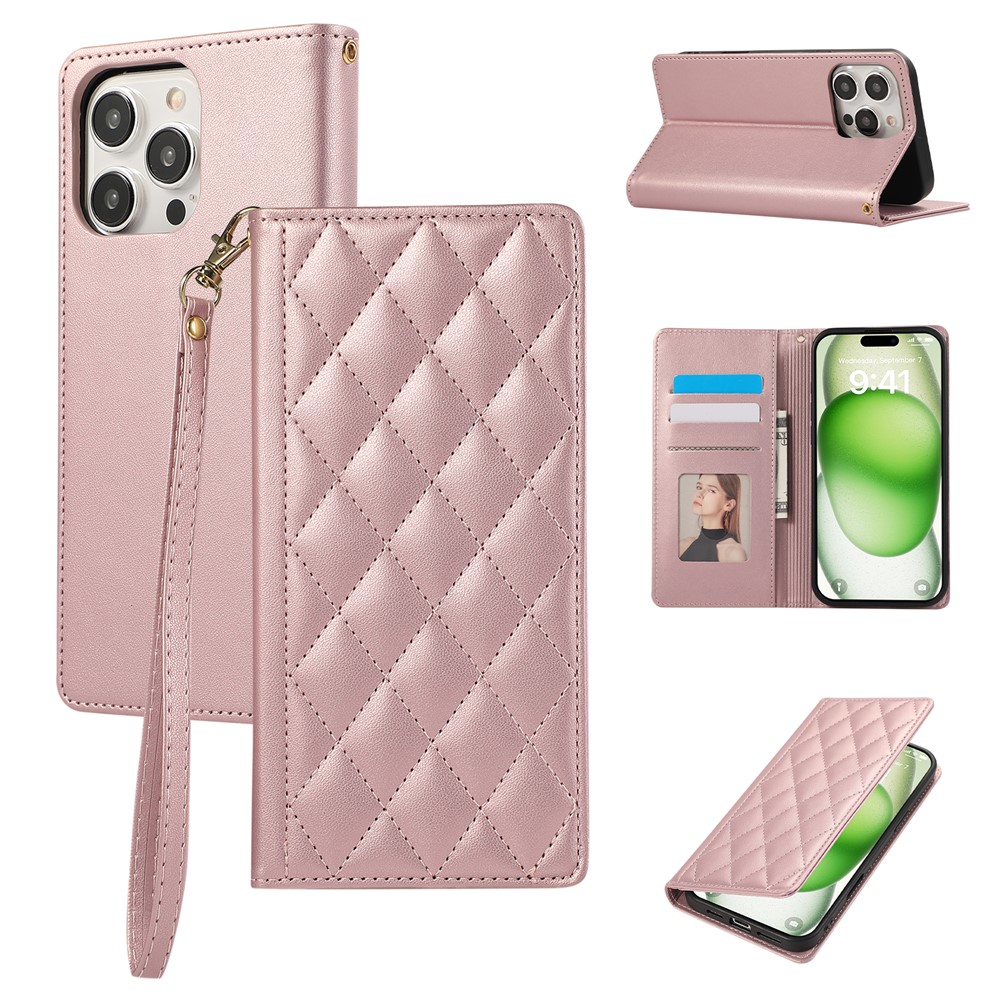 For iPhone 16 Pro Max Case RFID Blocking Wallet Stand Rhombus Leather Phone Cover with Wrist Strap - Rose Gold