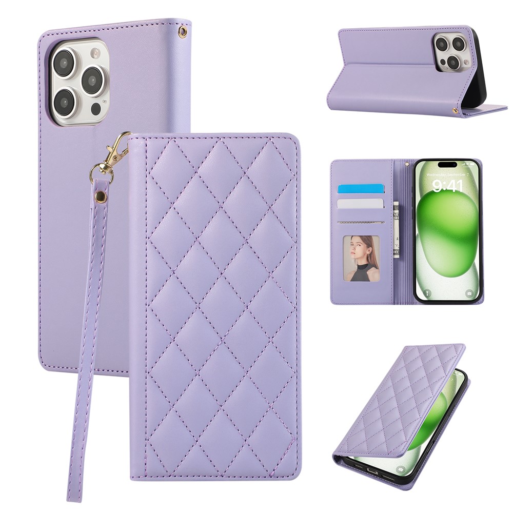 For iPhone 16 Pro Max Case RFID Blocking Wallet Stand Rhombus Leather Phone Cover with Wrist Strap - Purple