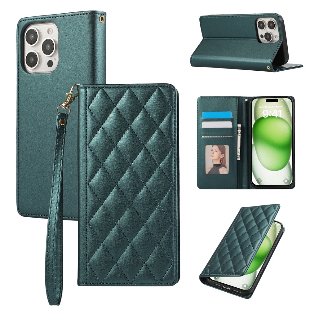 For iPhone 16 Pro Max Case RFID Blocking Wallet Stand Rhombus Leather Phone Cover with Wrist Strap - Green