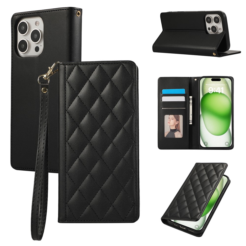 For iPhone 15 Pro Max Case RFID Blocking Wallet Stand Rhombus Leather Phone Cover with Wrist Strap - Black