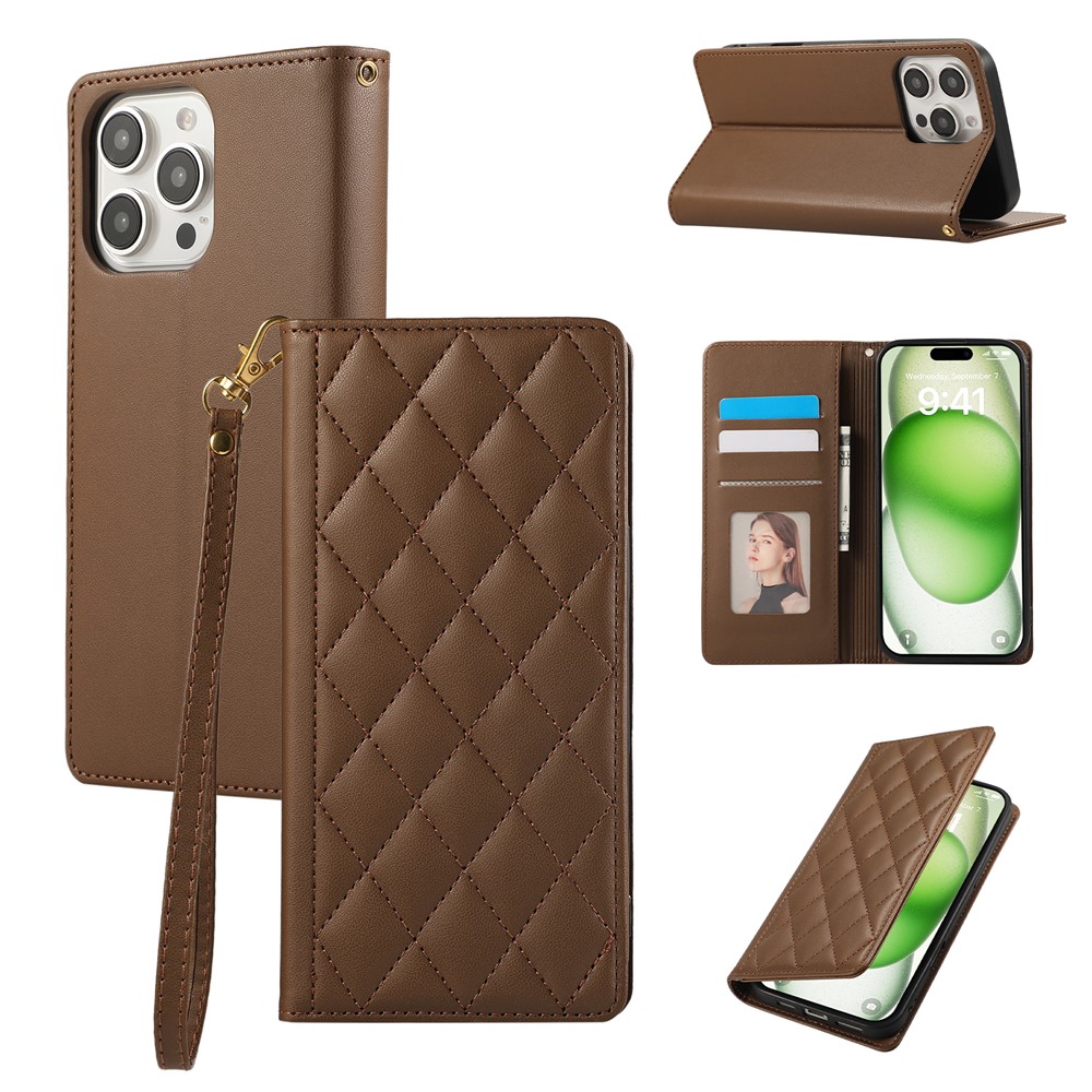 For iPhone 15 Pro Case RFID Blocking Wallet Stand Rhombus Leather Phone Cover with Wrist Strap - Brown