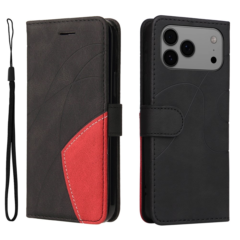 For iPhone 17 Pro Max Leather Phone Case Stand Wallet with Bi-colour Splicing Design - Black