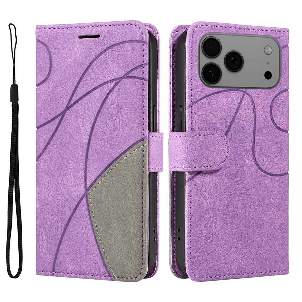 For iPhone 17 Pro Max Leather Phone Case Stand Wallet with Bi-colour Splicing Design - Purple