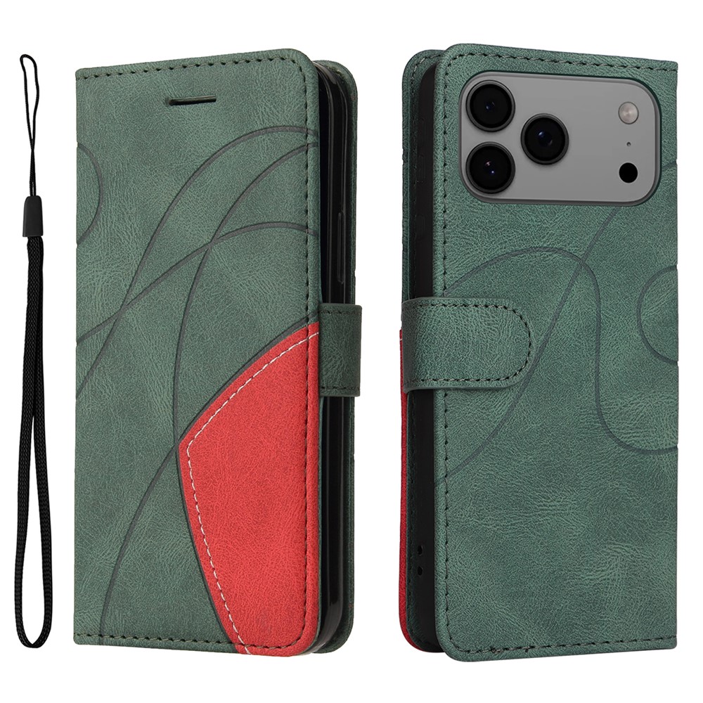 For iPhone 17 Pro Max Leather Phone Case Stand Wallet with Bi-colour Splicing Design - Green