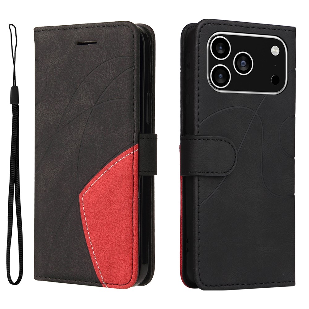 For iPhone 17 Pro Leather Phone Case Stand Wallet with Bi-colour Splicing Design - Black