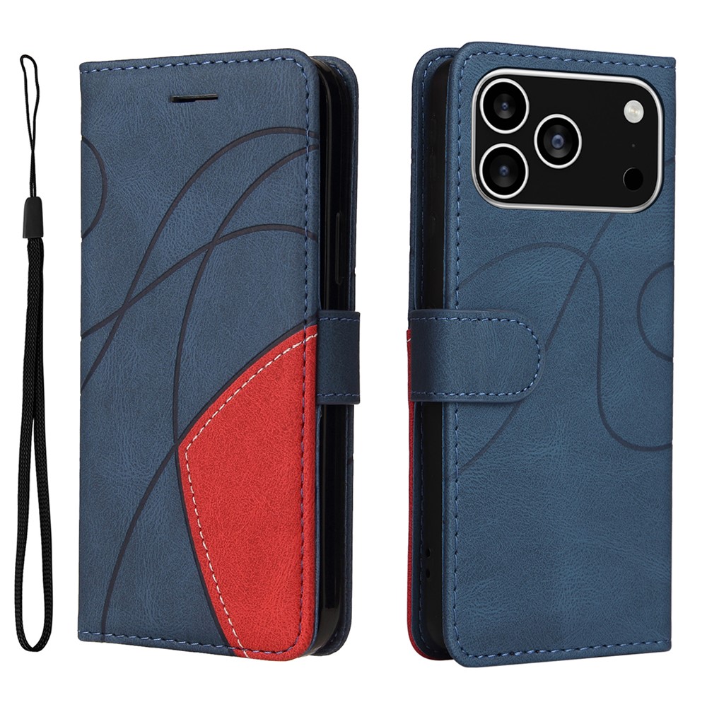 For iPhone 17 Pro Leather Phone Case Stand Wallet with Bi-colour Splicing Design - Blue