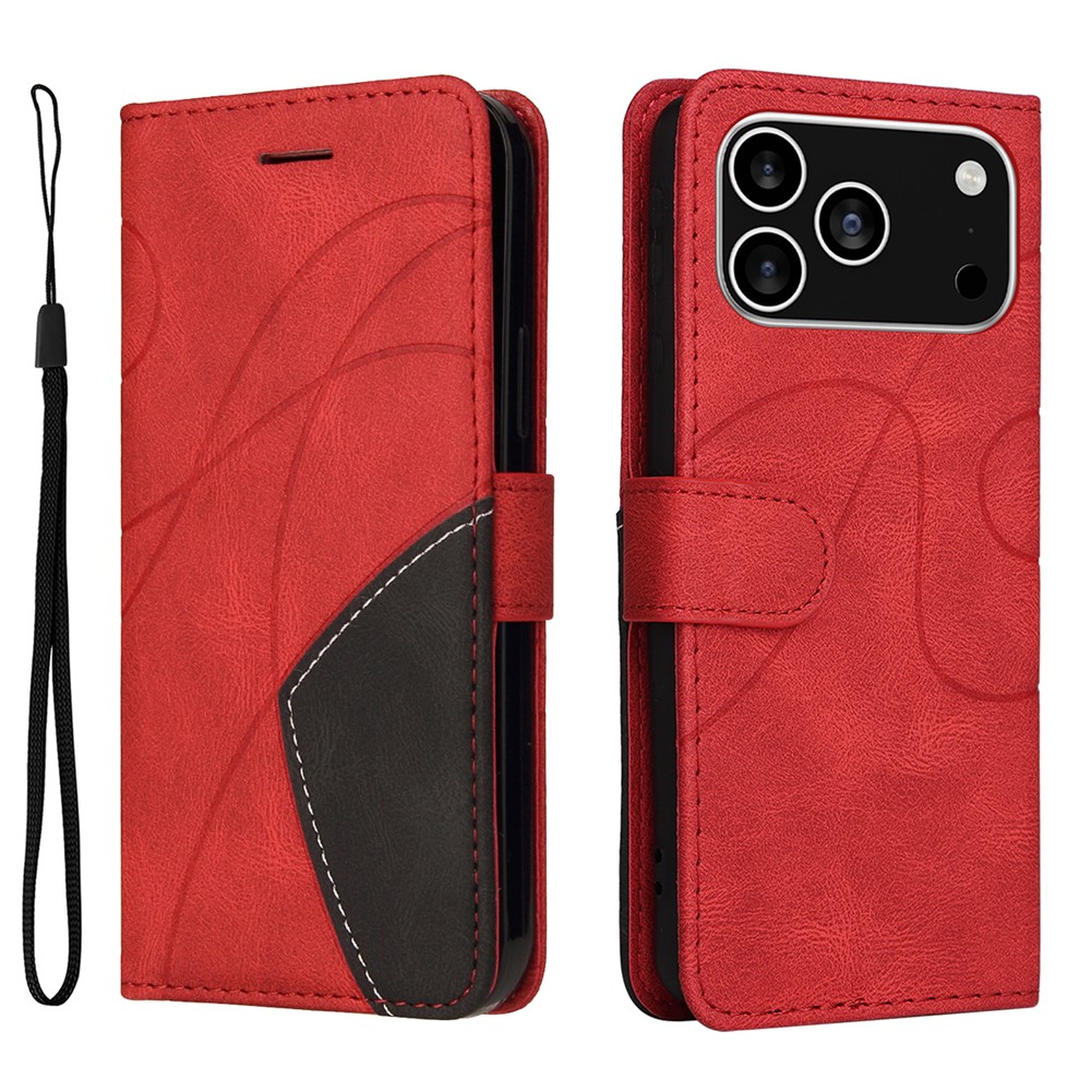 For iPhone 17 Pro Leather Phone Case Stand Wallet with Bi-colour Splicing Design - Red