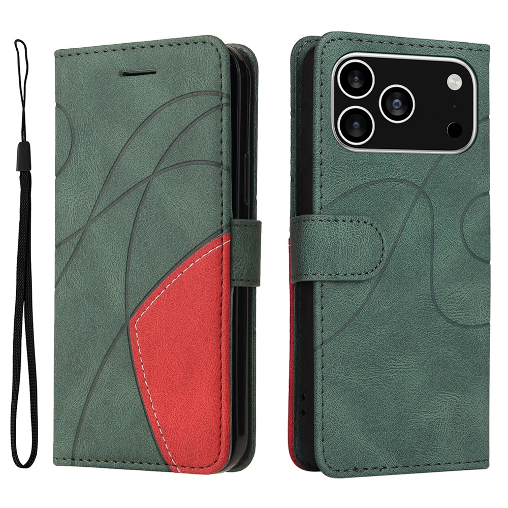 For iPhone 17 Pro Leather Phone Case Stand Wallet with Bi-colour Splicing Design - Green