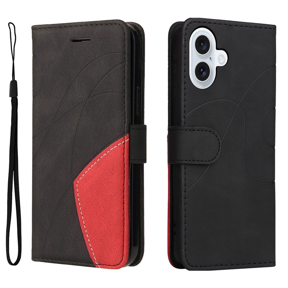 For iPhone 17 Leather Phone Case Stand Wallet with Bi-colour Splicing Design - Black