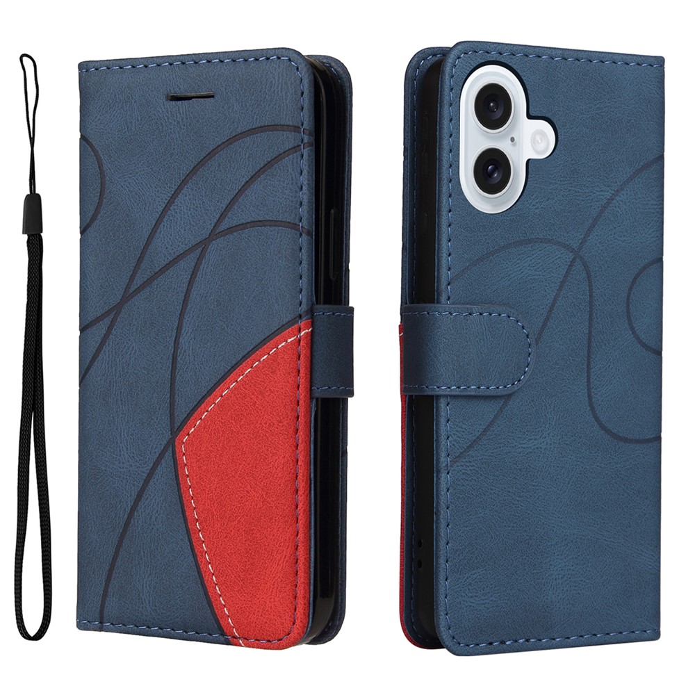 For iPhone 17 Leather Phone Case Stand Wallet with Bi-colour Splicing Design - Blue
