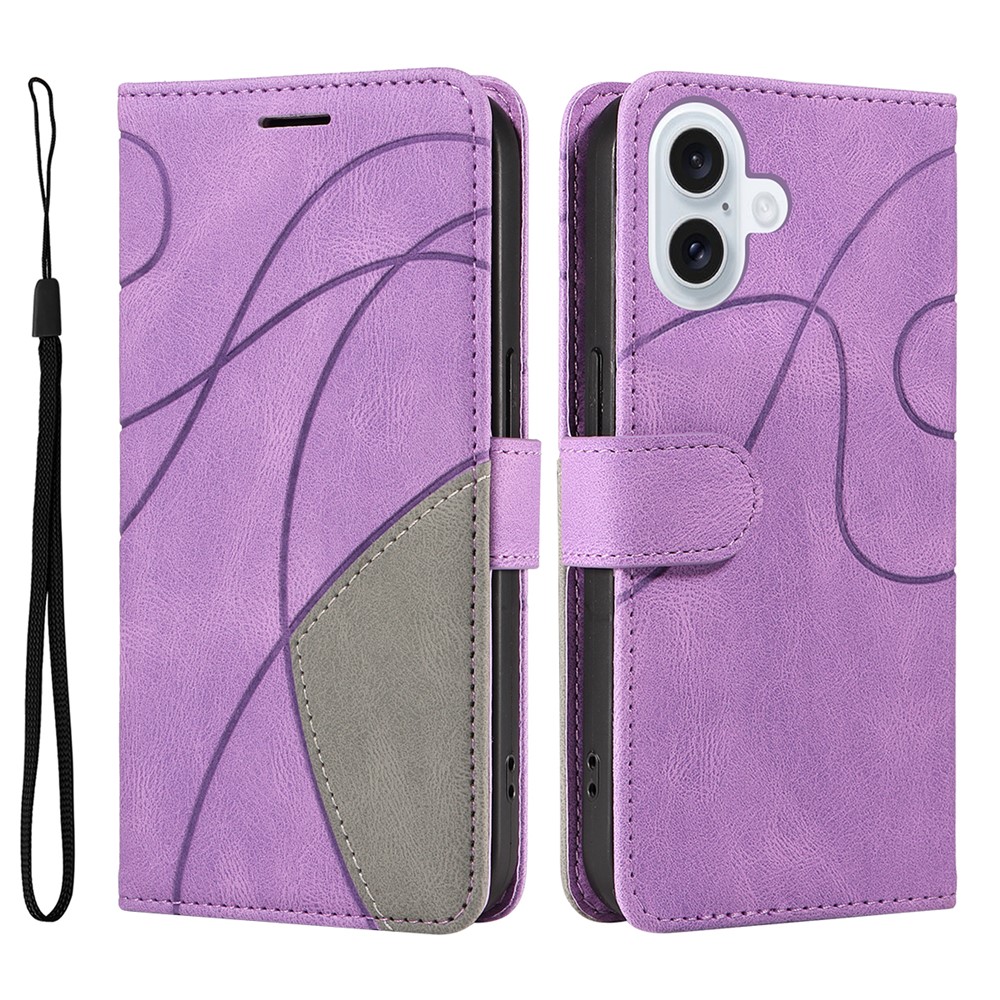 For iPhone 17 Leather Phone Case Stand Wallet with Bi-colour Splicing Design - Purple