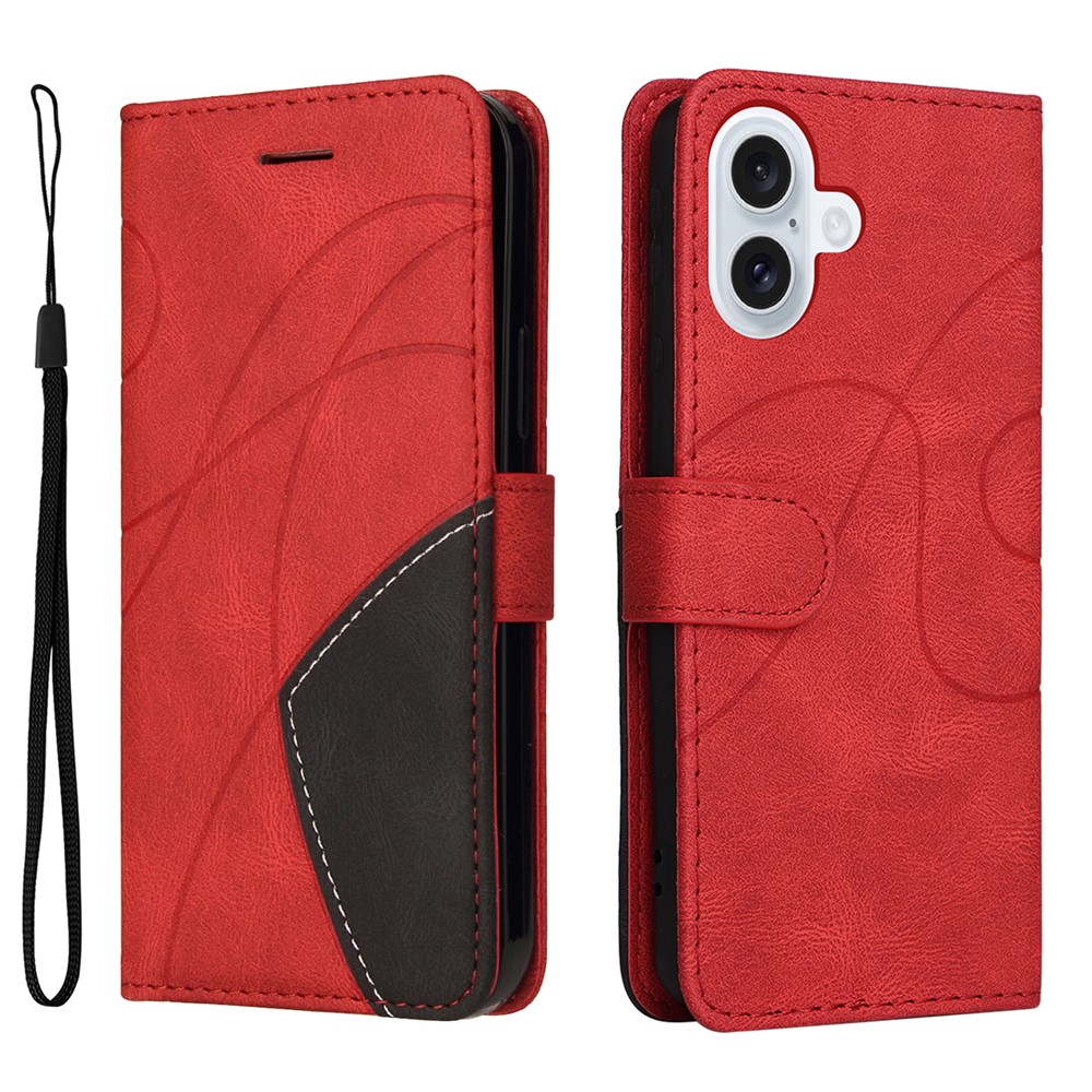 For iPhone 17 Leather Phone Case Stand Wallet with Bi-colour Splicing Design - Red