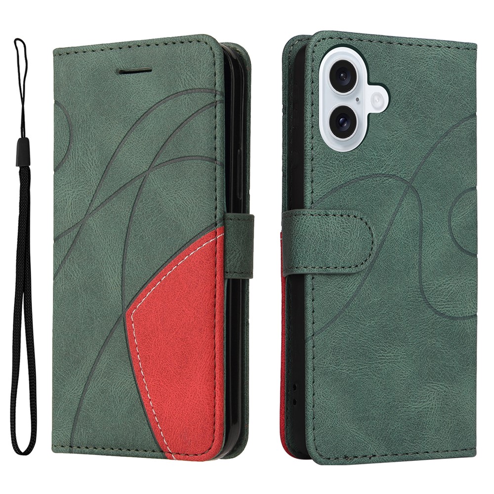 For iPhone 17 Leather Phone Case Stand Wallet with Bi-colour Splicing Design - Green