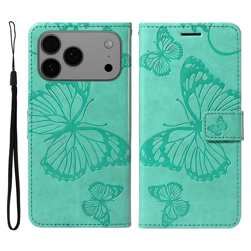 For iPhone 17 Pro Max Wallet Case Floral Butterfly Imprinted Leather Phone Cover Stand -  Green