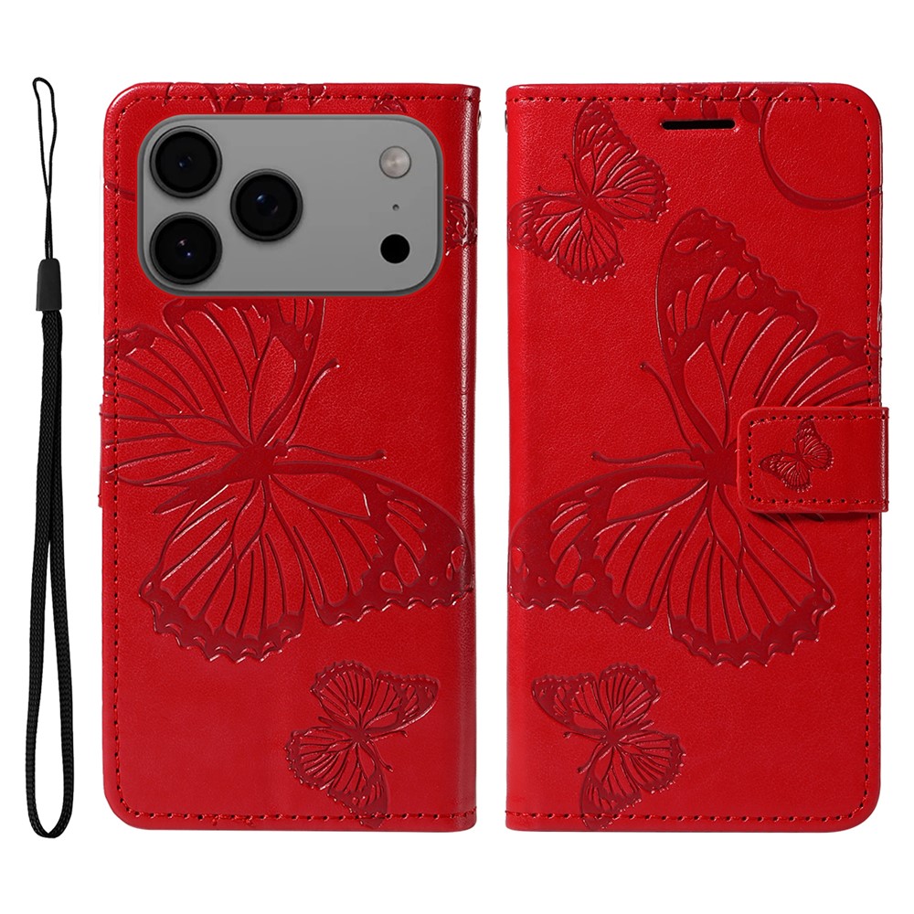 For iPhone 17 Pro Max Wallet Case Floral Butterfly Imprinted Leather Phone Cover Stand - Red