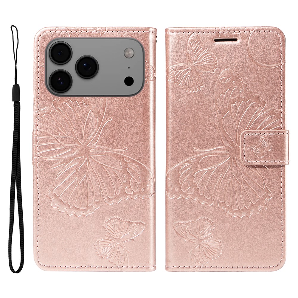 For iPhone 17 Pro Max Wallet Case Floral Butterfly Imprinted Leather Phone Cover Stand -  Rose Gold