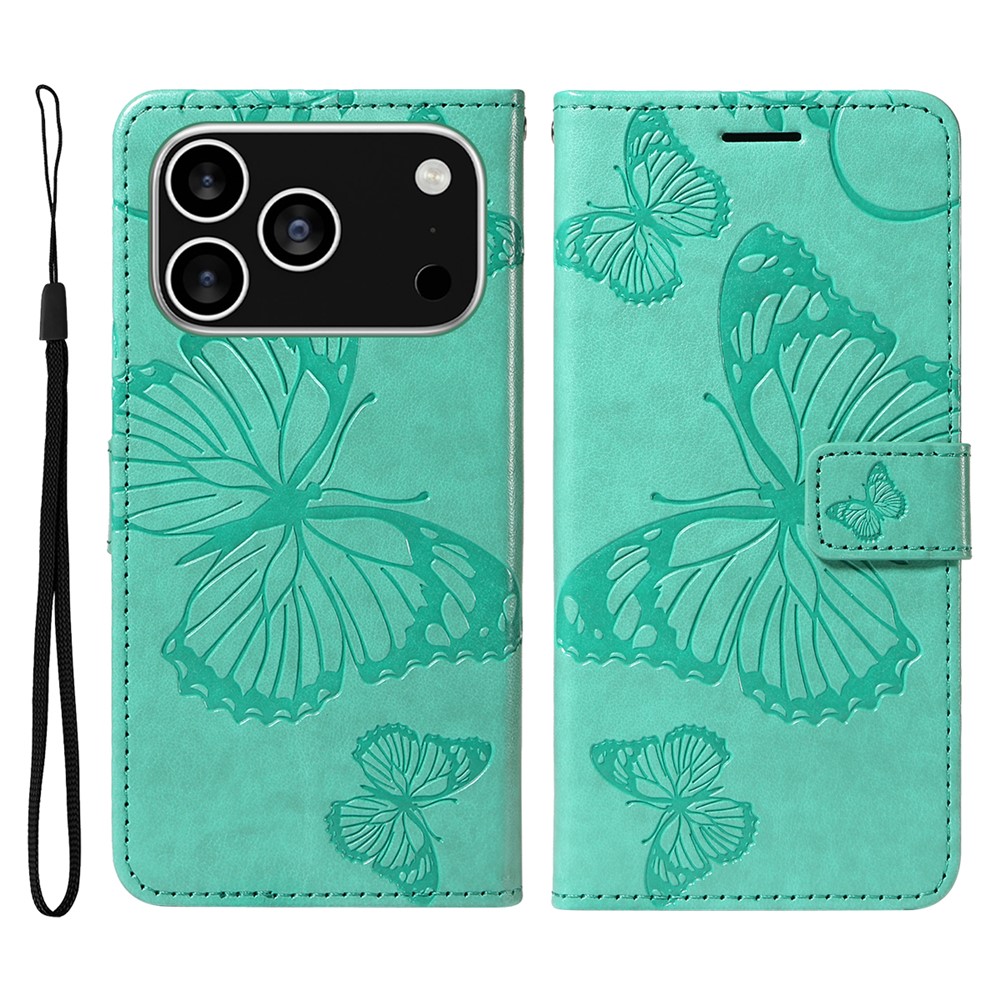 For iPhone 17 Pro Wallet Case Floral Butterfly Imprinted Leather Phone Cover Stand -  Green
