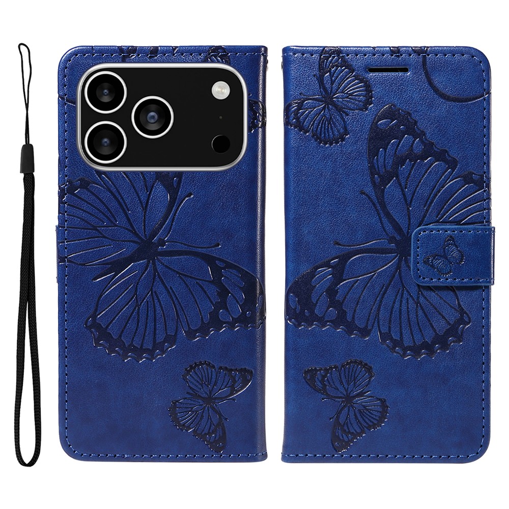 For iPhone 17 Pro Wallet Case Floral Butterfly Imprinted Leather Phone Cover Stand - Blue