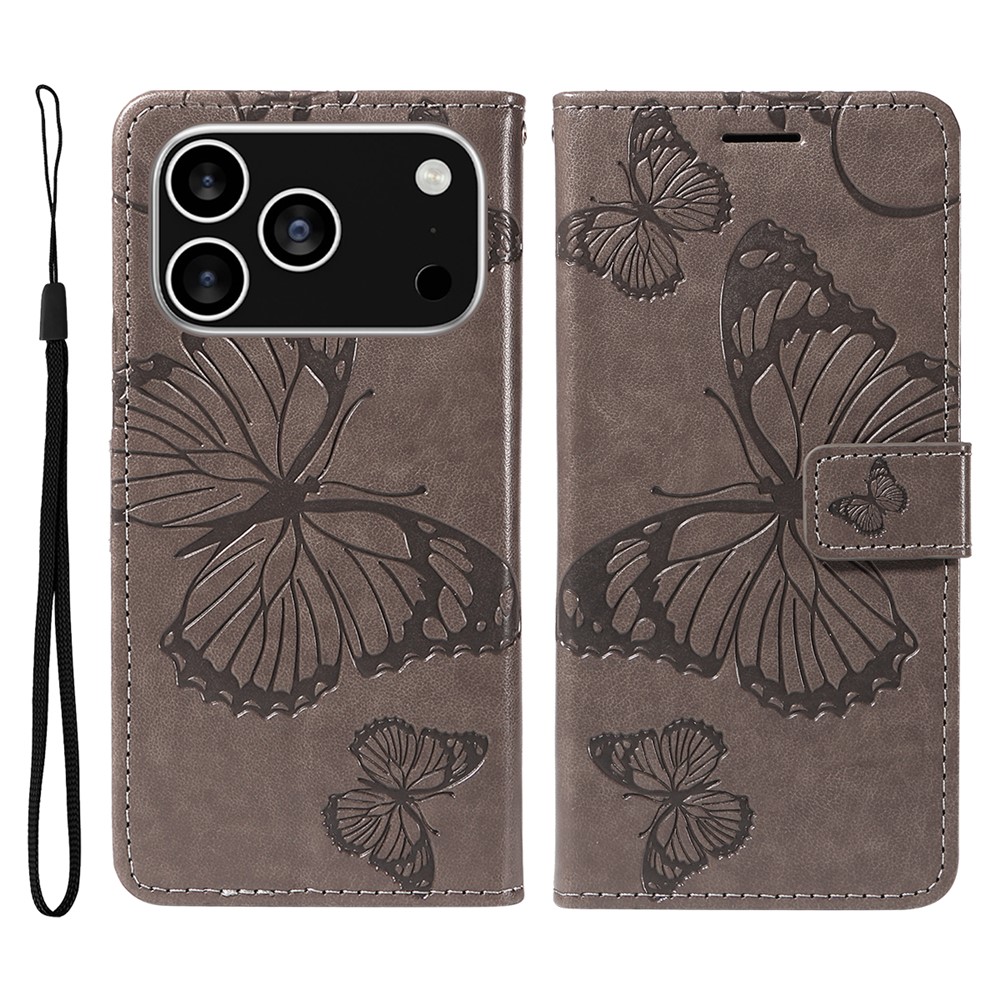 For iPhone 17 Pro Wallet Case Floral Butterfly Imprinted Leather Phone Cover Stand - Grey