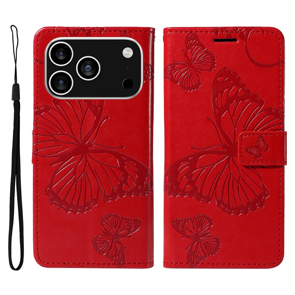 For iPhone 17 Pro Wallet Case Floral Butterfly Imprinted Leather Phone Cover Stand - Red