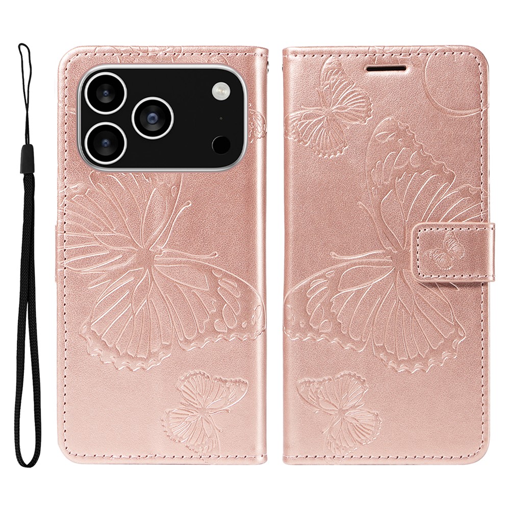 For iPhone 17 Pro Wallet Case Floral Butterfly Imprinted Leather Phone Cover Stand -  Rose Gold