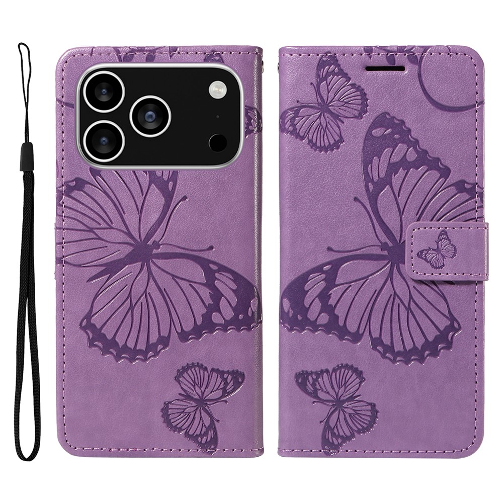 For iPhone 17 Pro Wallet Case Floral Butterfly Imprinted Leather Phone Cover Stand - Light Purple