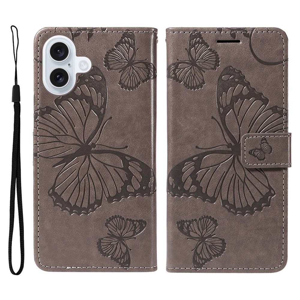 For iPhone 17 Wallet Case Floral Butterfly Imprinted Leather Phone Cover Stand - Grey
