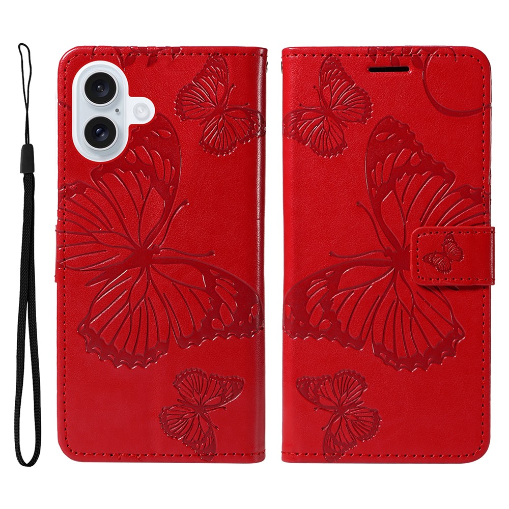 For iPhone 17 Wallet Case Floral Butterfly Imprinted Leather Phone Cover Stand - Red