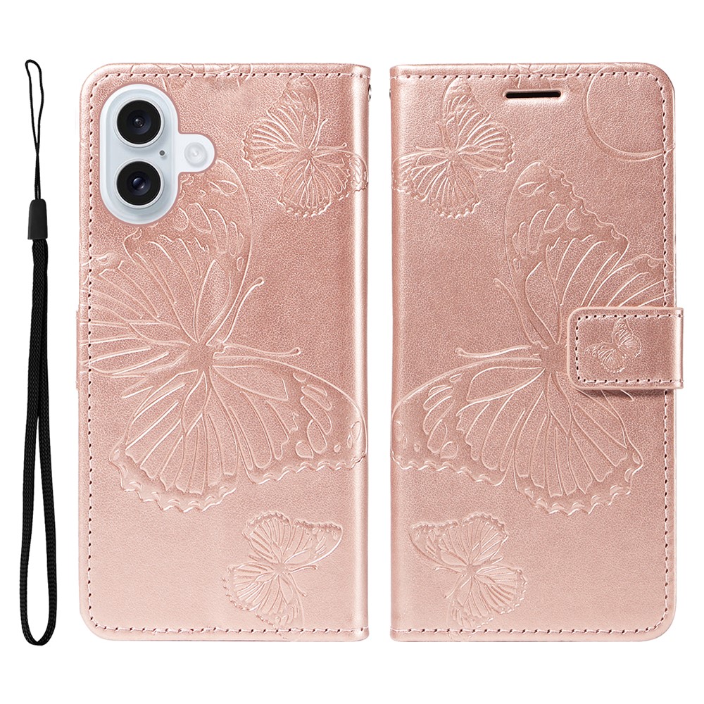 For iPhone 17 Wallet Case Floral Butterfly Imprinted Leather Phone Cover Stand -  Rose Gold