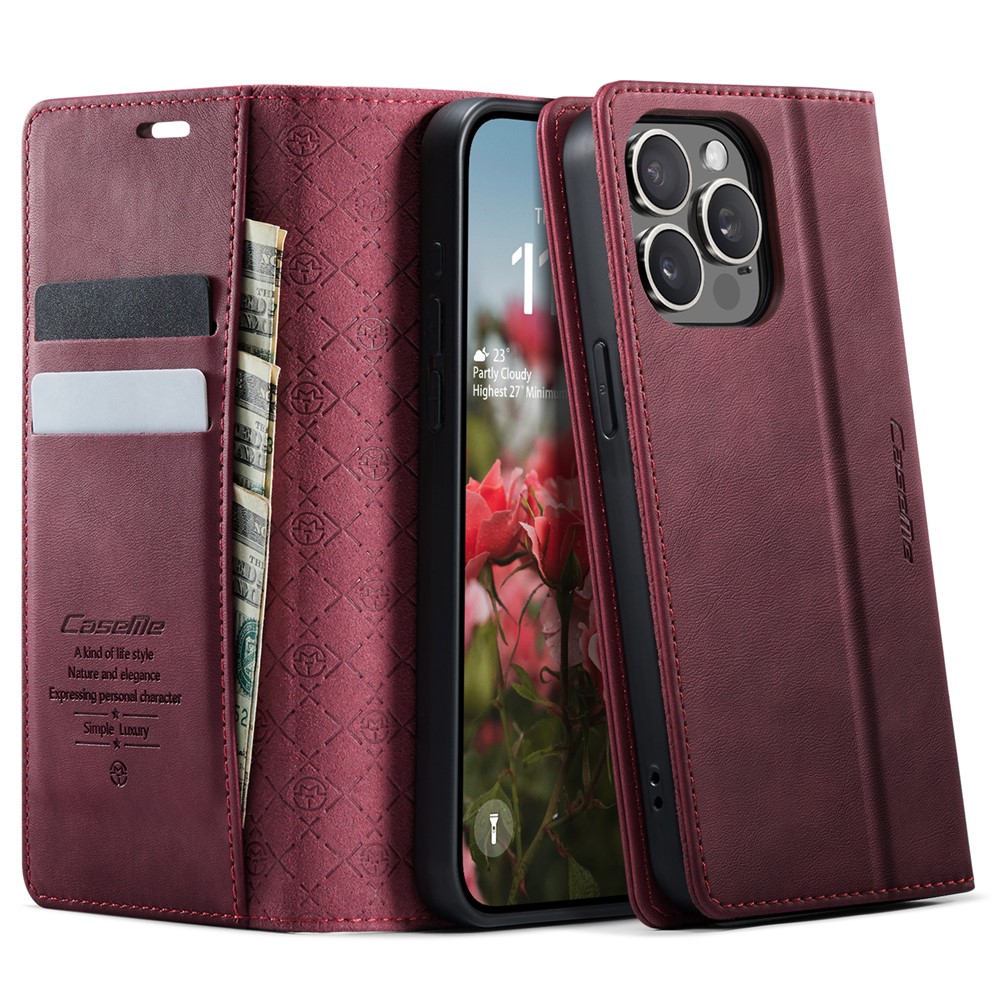 For iPhone 14 Pro Case CASEME 033 Series RFID Blocking Wallet Stand Calf Texture Leather Phone Cover - Red