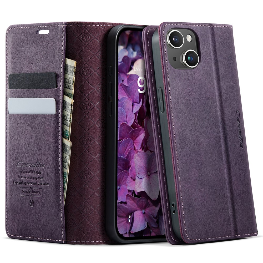For iPhone 14 Case CASEME 033 Series RFID Blocking Wallet Stand Calf Texture Leather Phone Cover - Purple