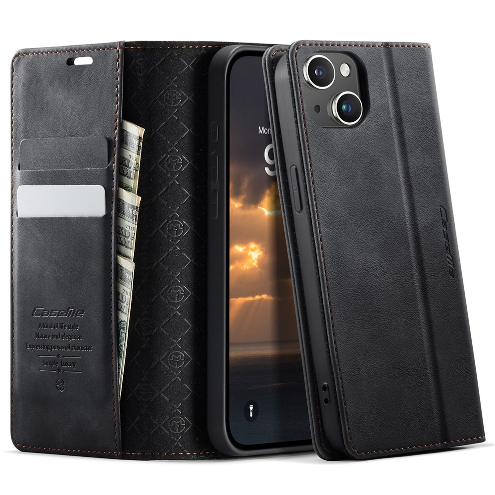 For iPhone 15 Case CASEME 033 Series RFID Blocking Wallet Stand Calf Texture Leather Phone Cover - Black