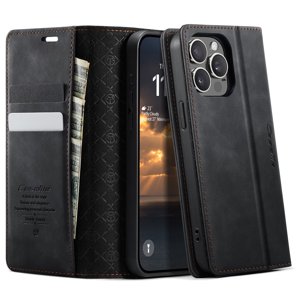For iPhone 15 Pro Case CASEME 033 Series RFID Blocking Wallet Stand Calf Texture Leather Phone Cover - Black