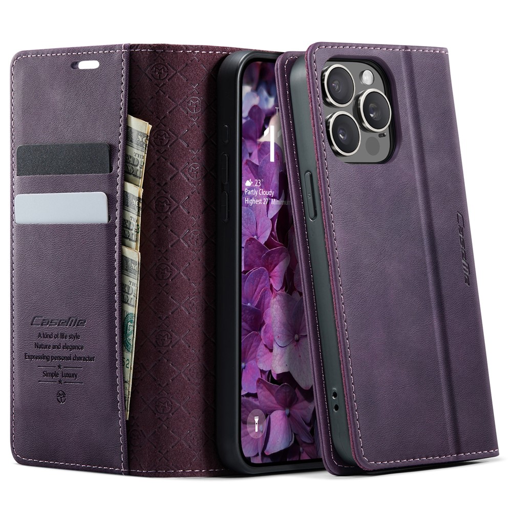 For iPhone 15 Pro Max Case CASEME 033 Series RFID Blocking Wallet Stand Calf Texture Leather Phone Cover - Purple