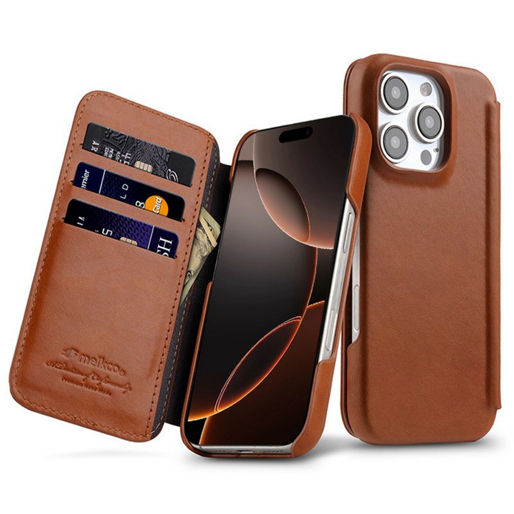 MELKCO For iPhone 16 Pro Max Case Compatible with MagSafe Card Slots Genuine Cow Leather Phone Cover - Brown
