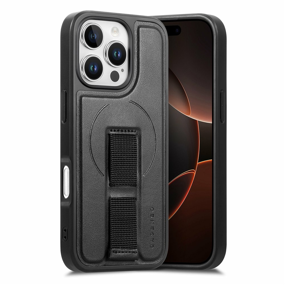 CASENEO For iPhone 16 Pro Max Magnetic Case Hand Strap Design PU Leather + PC Phone Cover - Black