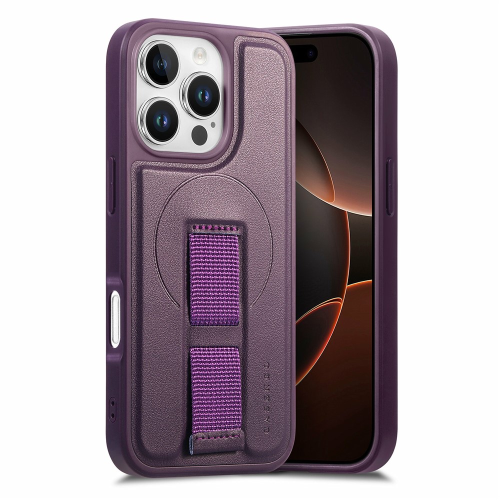 CASENEO For iPhone 16 Pro Max Magnetic Case Hand Strap Design PU Leather + PC Phone Cover - Purple