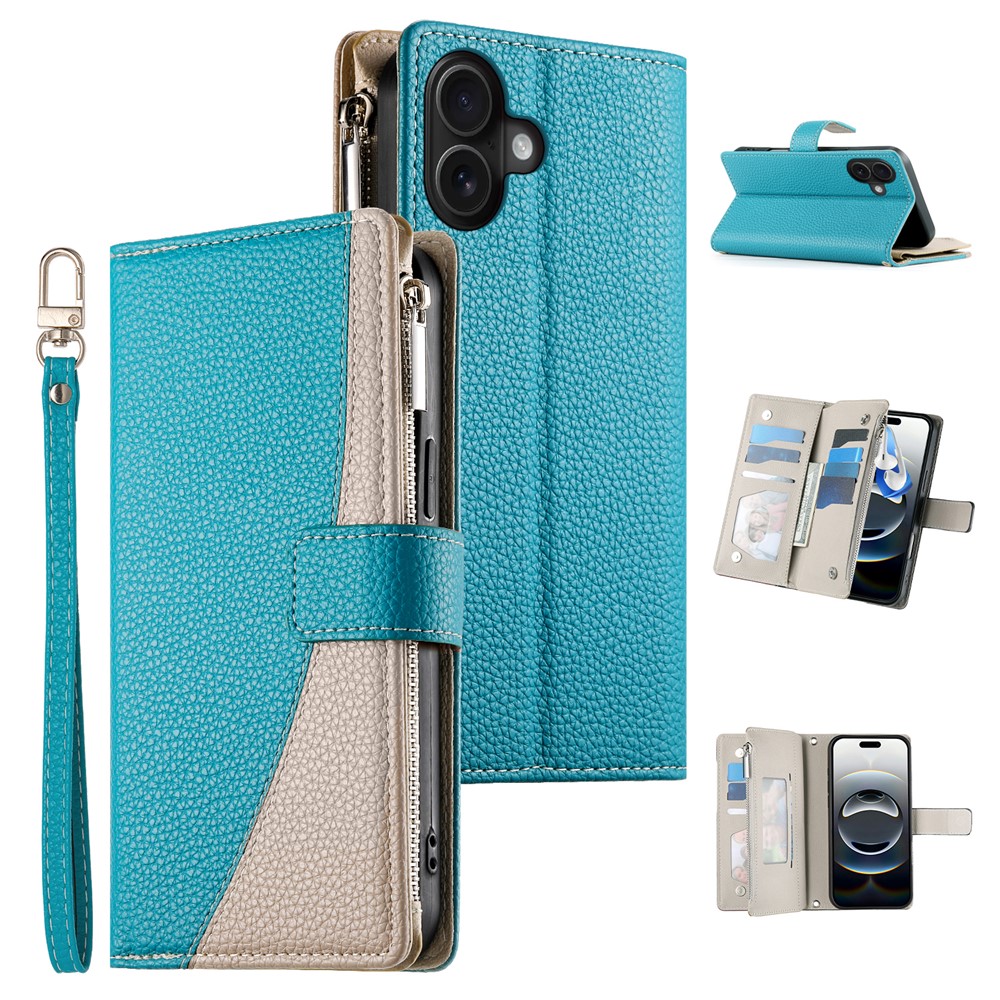 For iPhone 16 Plus Case Zipper Pocket Wallet Color Splicing Leather Flip Phone Cover with Straps - Lake Blue