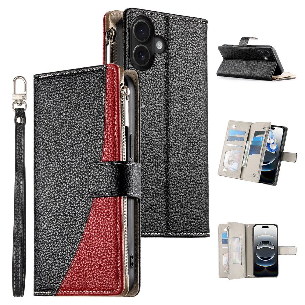 For iPhone 16 Plus Case Zipper Pocket Wallet Color Splicing Leather Flip Phone Cover with Straps - Black