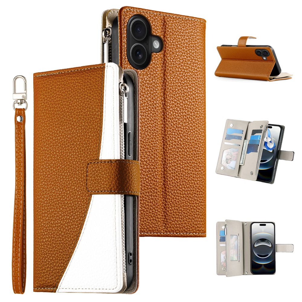 For iPhone 16 Plus Case Zipper Pocket Wallet Color Splicing Leather Flip Phone Cover with Straps - Brown
