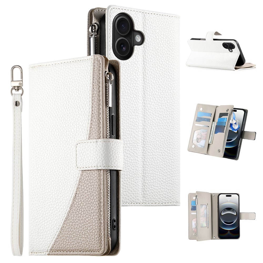 For iPhone 16 Plus Case Zipper Pocket Wallet Color Splicing Leather Flip Phone Cover with Straps - White