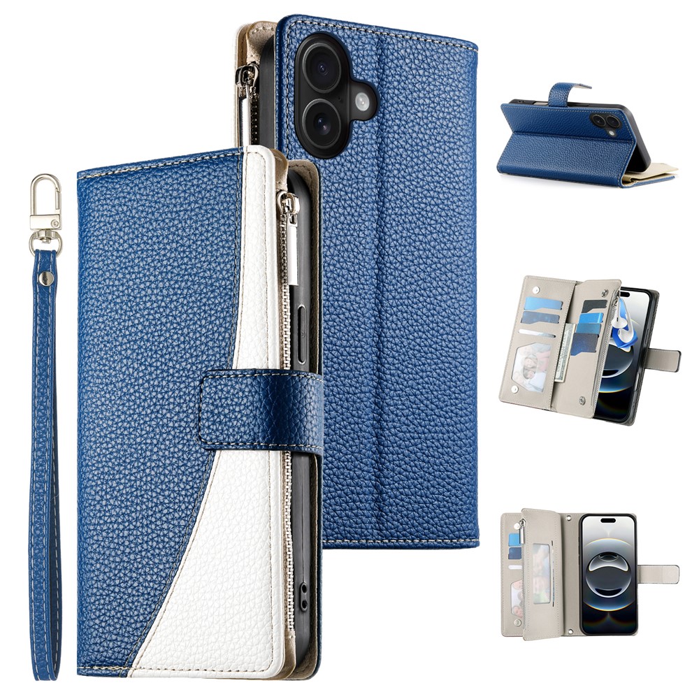 For iPhone 16 Plus Case Zipper Pocket Wallet Color Splicing Leather Flip Phone Cover with Straps - Dark Blue