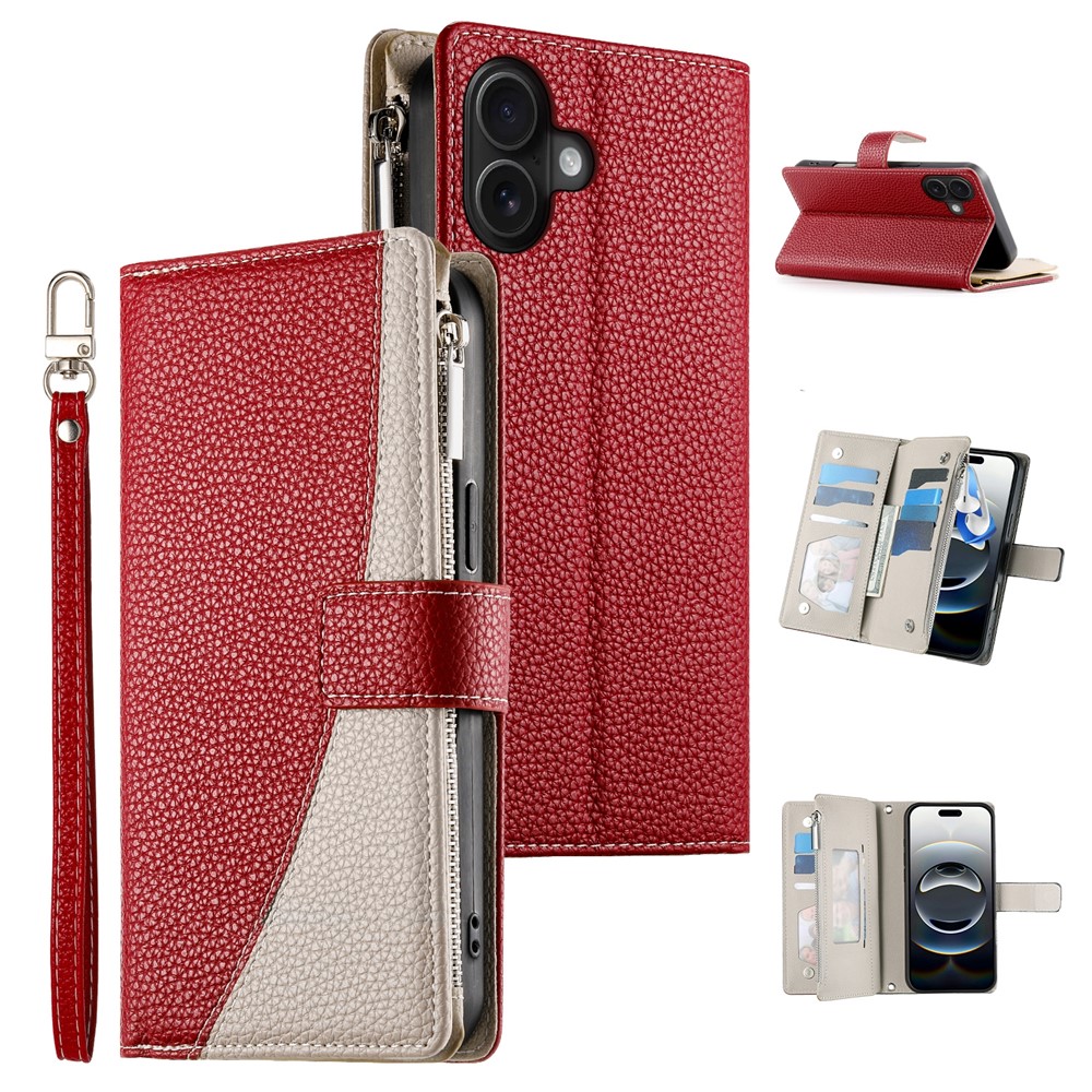 For iPhone 16 Plus Case Zipper Pocket Wallet Color Splicing Leather Flip Phone Cover with Straps - Red
