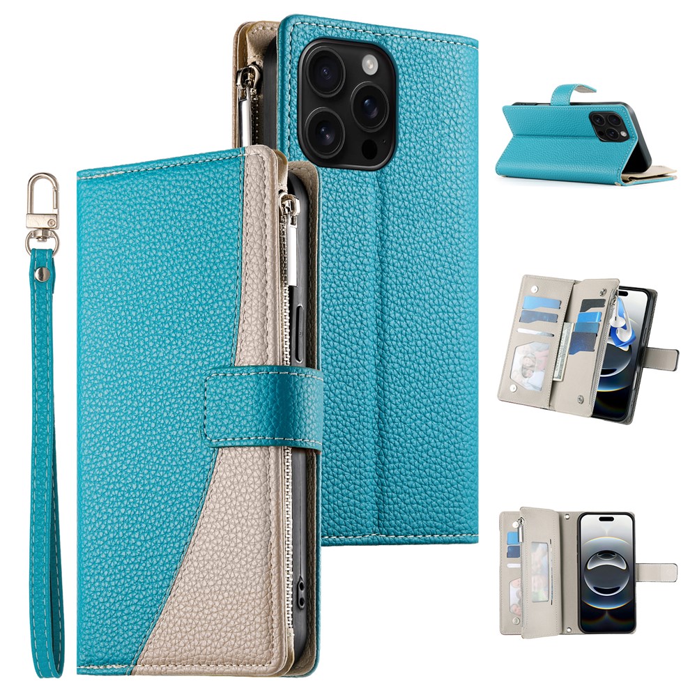 For iPhone 16 Pro Max Case Zipper Pocket Wallet Color Splicing Leather Flip Phone Cover with Straps - Lake Blue