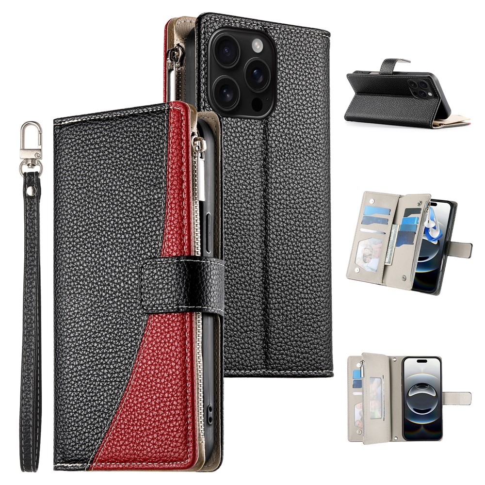 For iPhone 16 Pro Max Case Zipper Pocket Wallet Color Splicing Leather Flip Phone Cover with Straps - Black