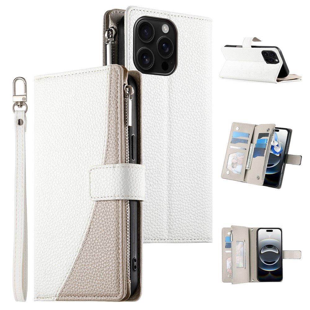 For iPhone 16 Pro Max Case Zipper Pocket Wallet Color Splicing Leather Flip Phone Cover with Straps - White